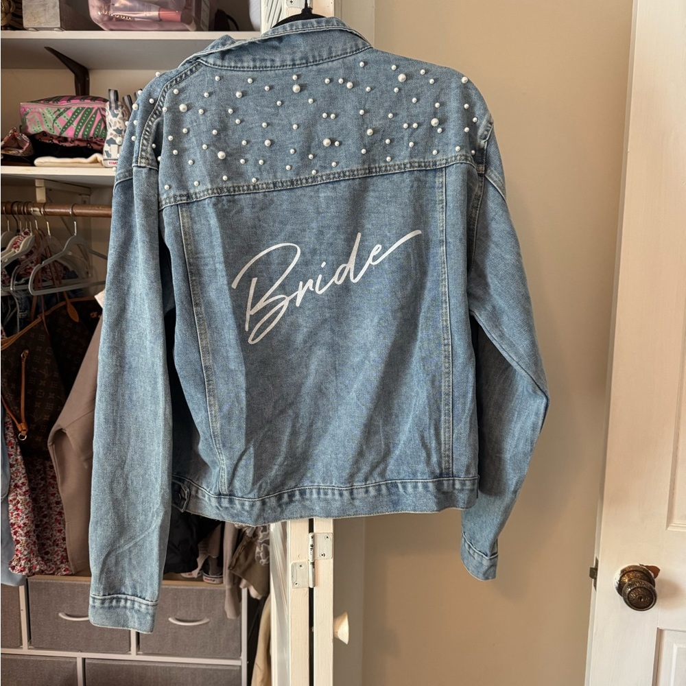 Bride Denim Jacket with Pearl Accents - Light Blue